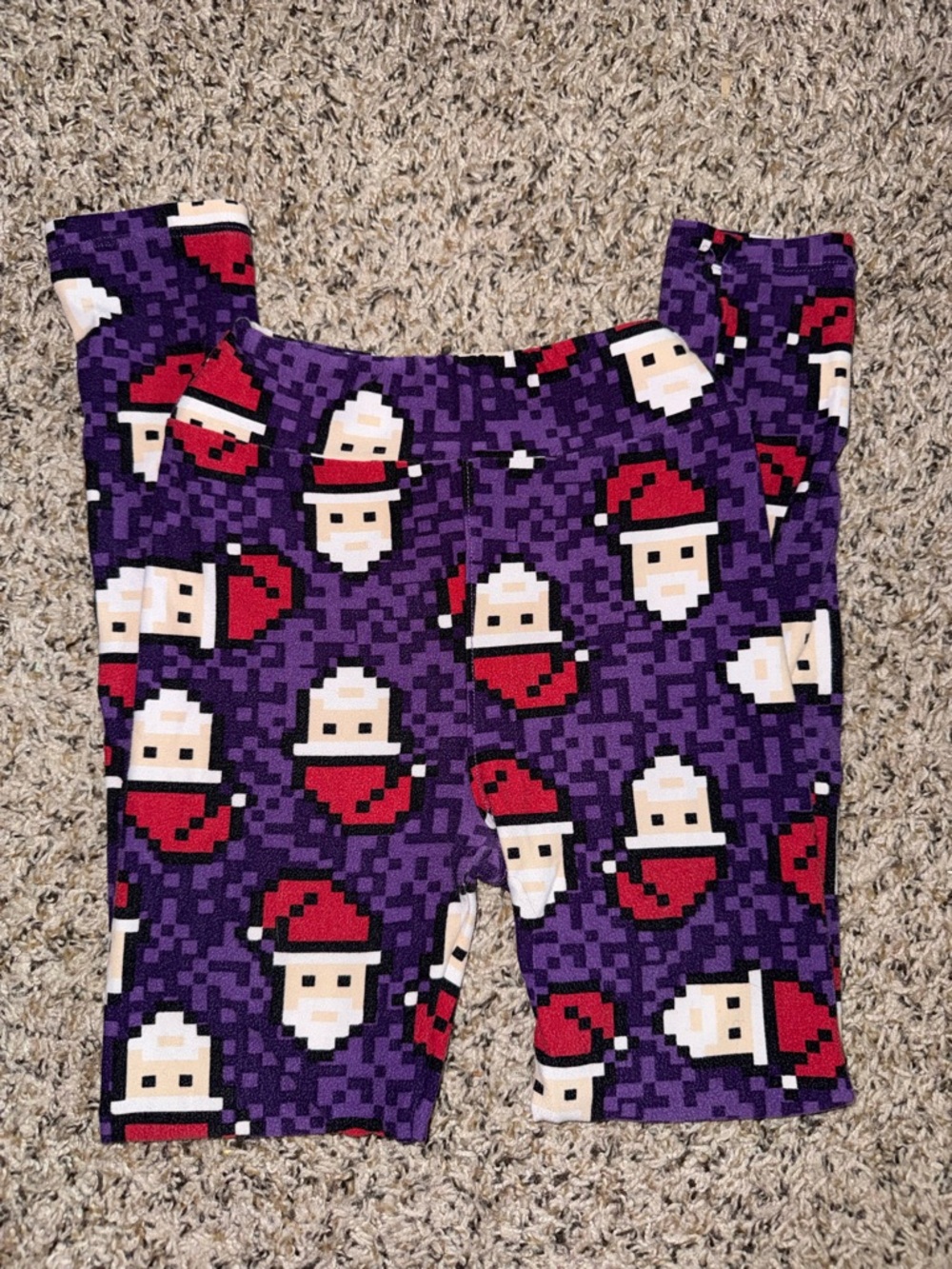 LuLaRoe Purple Pixel Santa Leggings with Red Accents - Kids L/XL